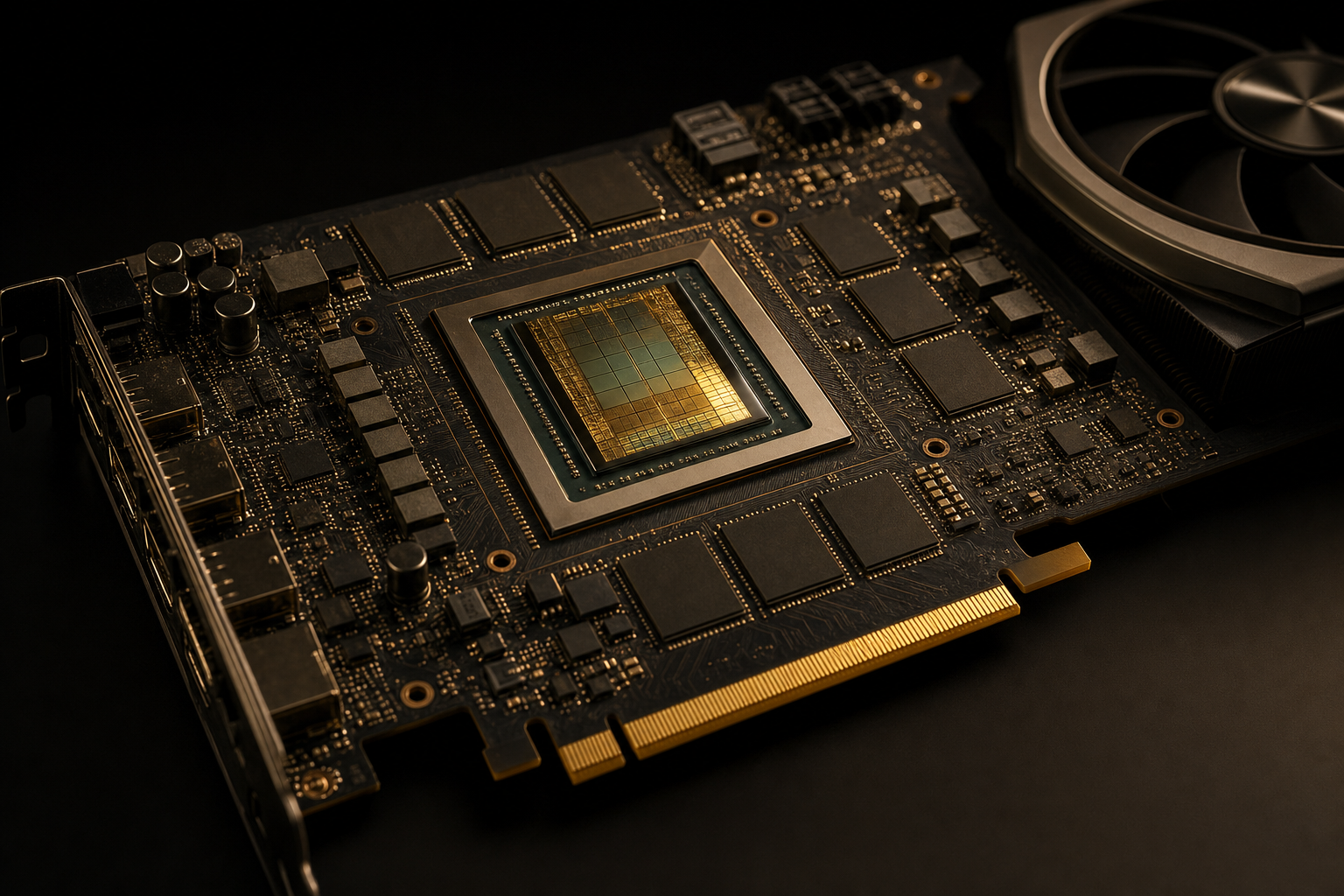 NVIDIA RTX 50 series GPU PCB close-up showing BIOS flash chip and VRM section