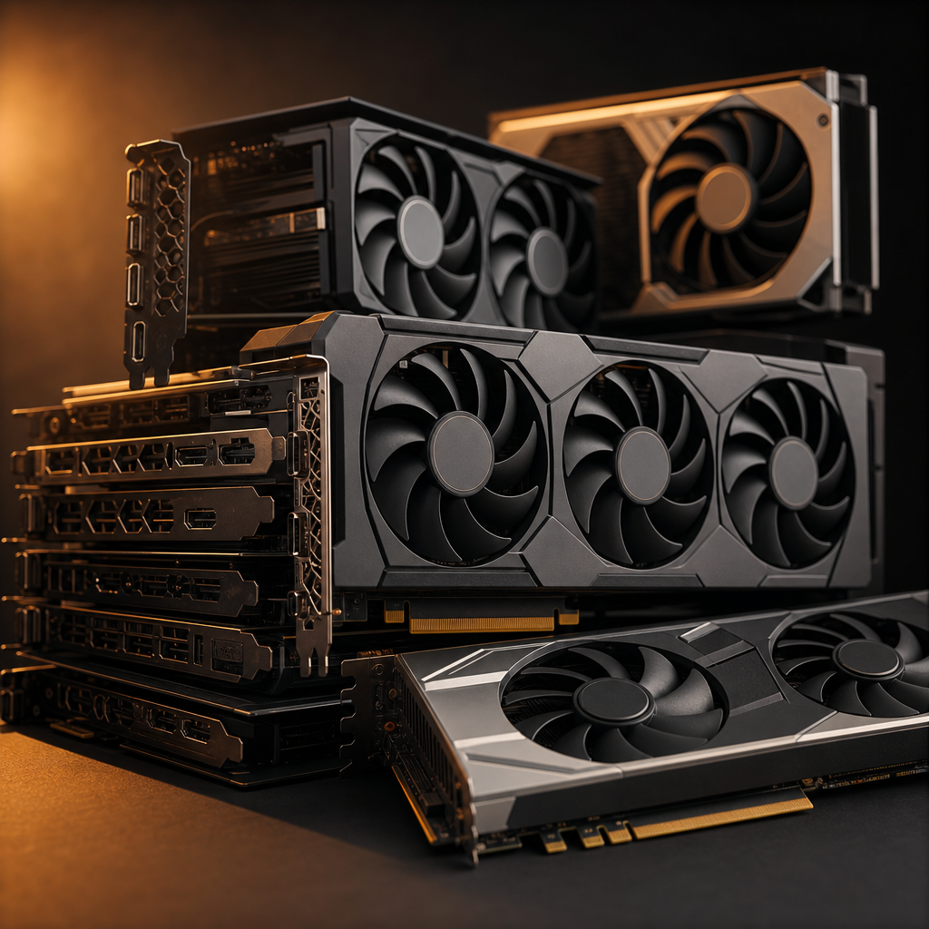 Multiple GPU graphics cards stacked on a dark background representing the BIOS repository archive