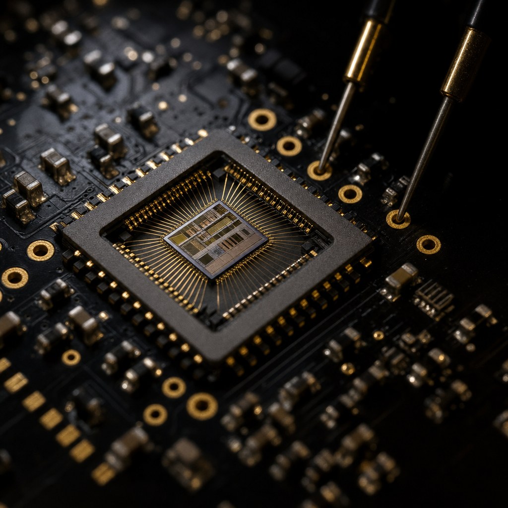 Macro view of a decapped silicon package with gold bond wires and two test probes resting on adjacent pads